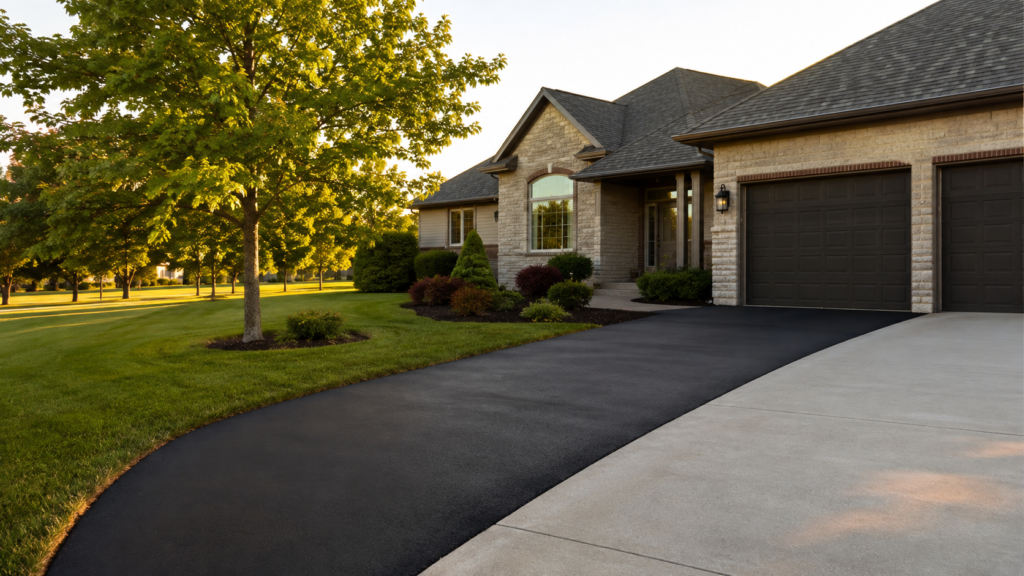Asphalt vs concrete driveway comparison at a Springfield MO home, black asphalt drive beside a lighter concrete section at golden hour