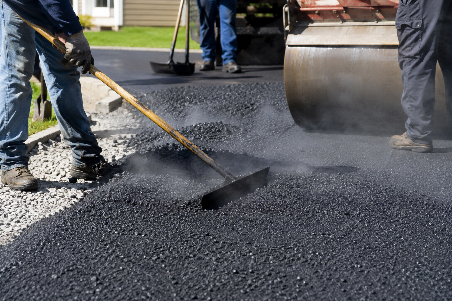 Asphalt paving crew laying hot mix asphalt on a residential driveway in Springfield MO