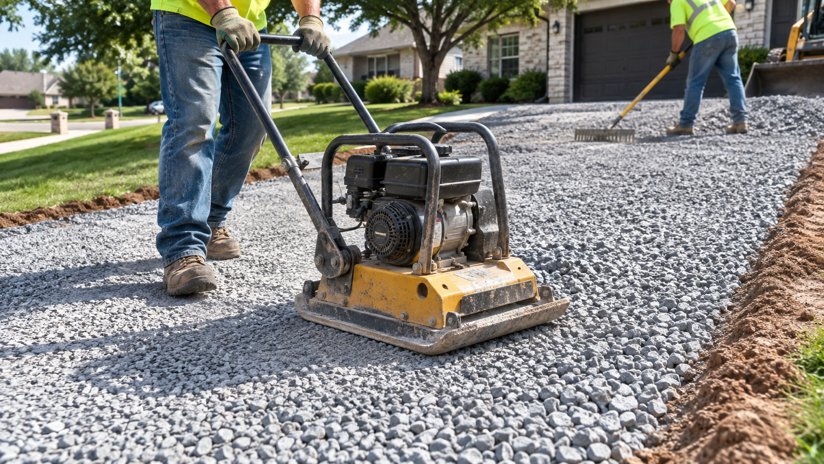 Asphalt paving crew compacting aggregate base for a residential driveway in Springfield MO
