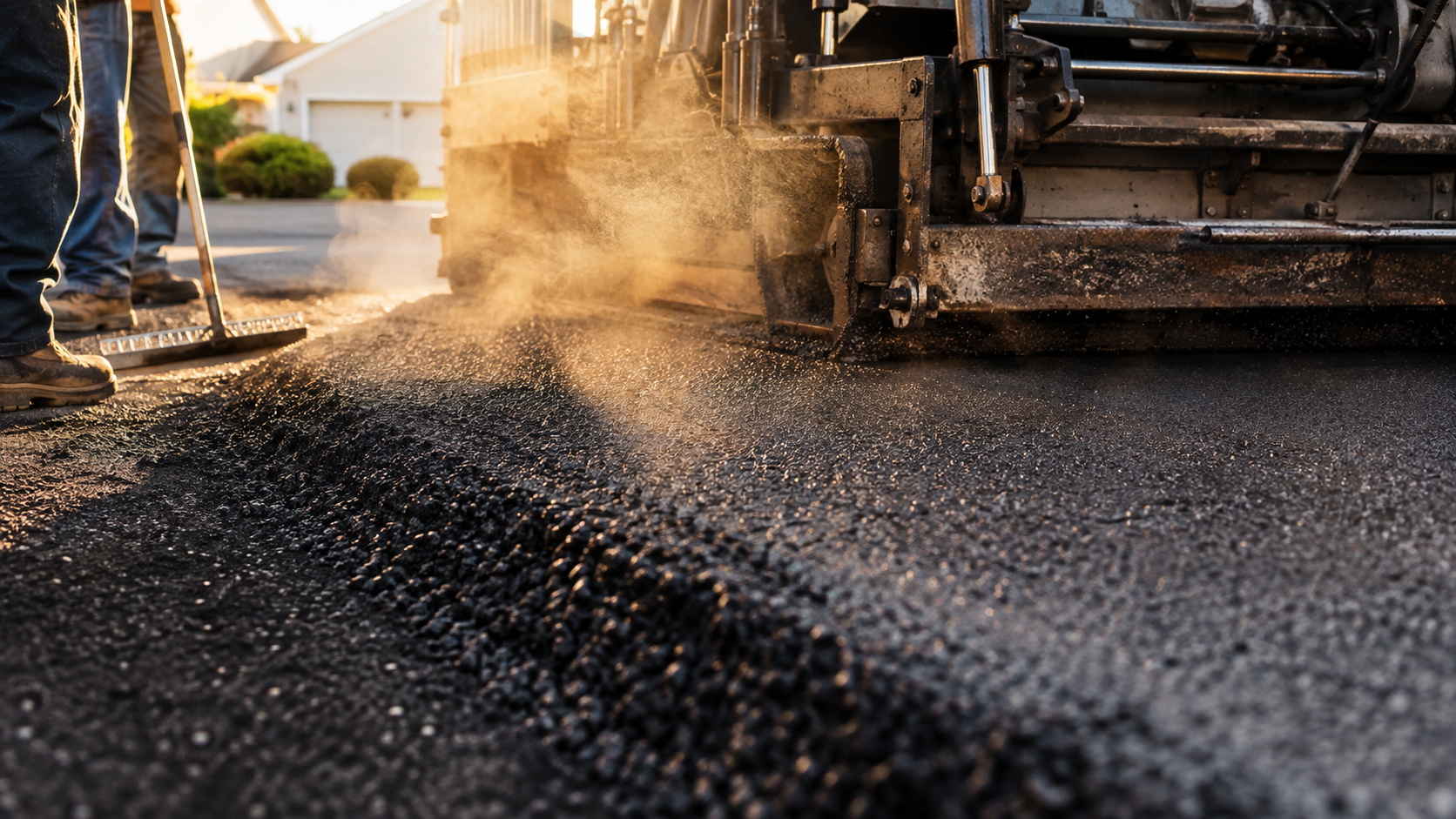 Close-up of hot asphalt being laid and smoothed on a Springfield MO driveway
