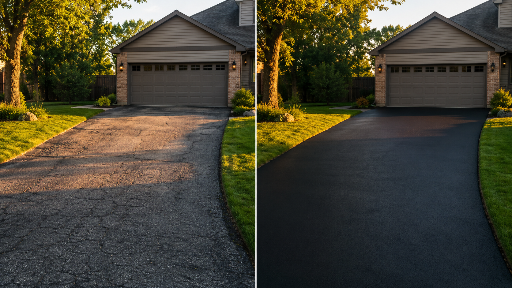 Finished asphalt driveway with clean edges beside a Springfield MO garage