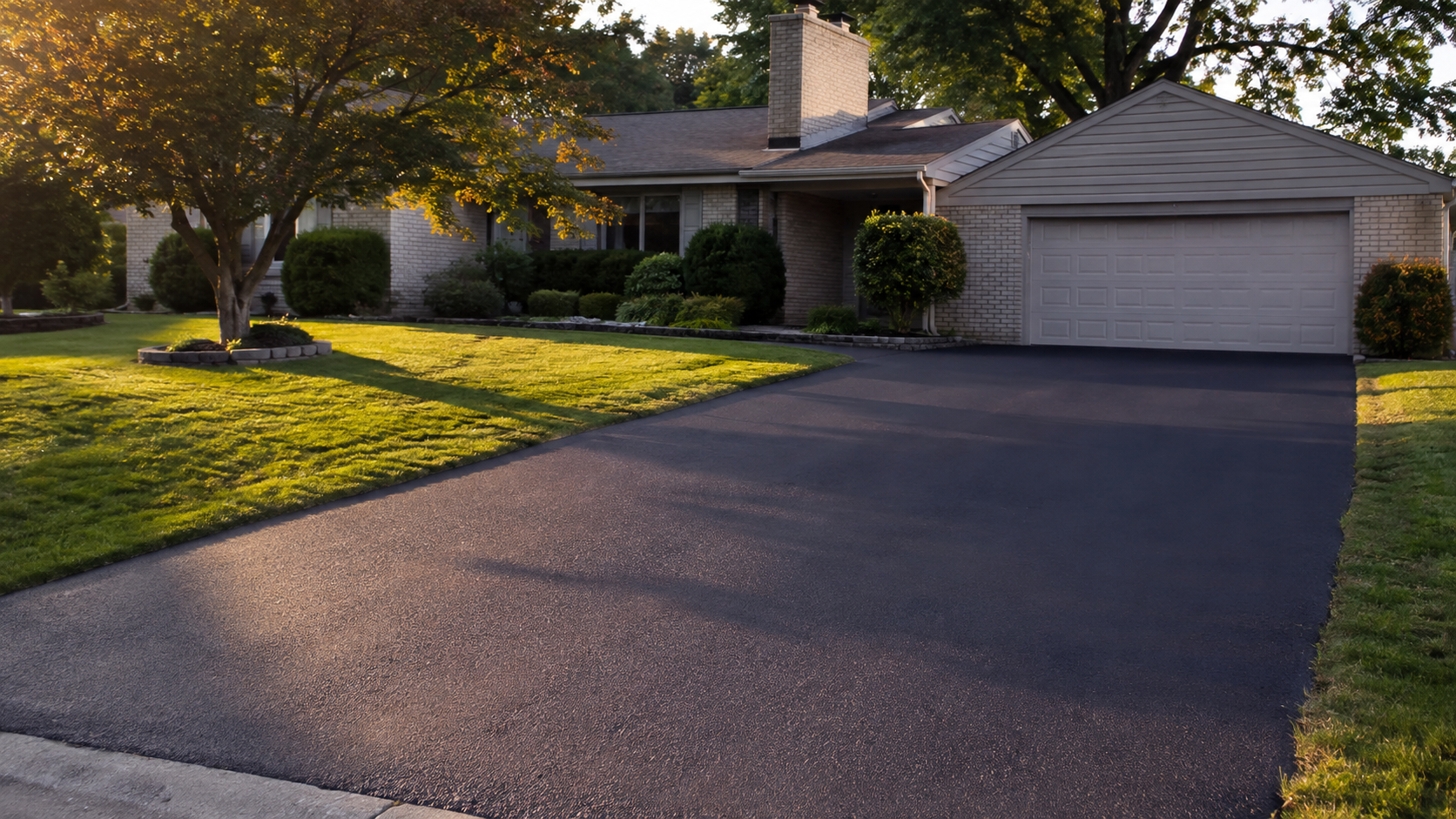 Rich dark sealcoated asphalt driveway at a Springfield MO home showing how often to sealcoat driveway for good protection