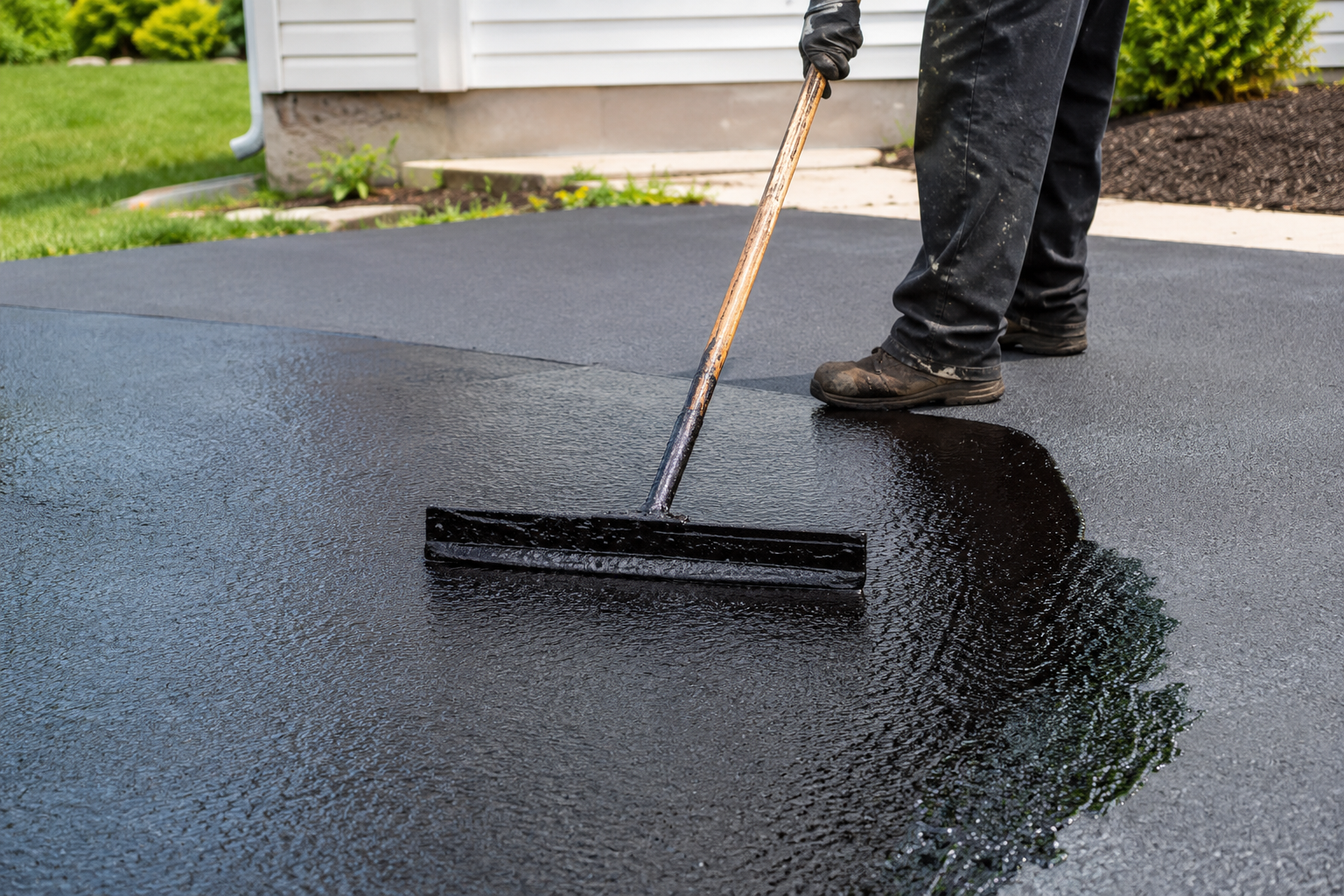 Close-up of a worker applying fresh black asphalt sealcoat with a squeegee on a residential driveway in Springfield Missouri