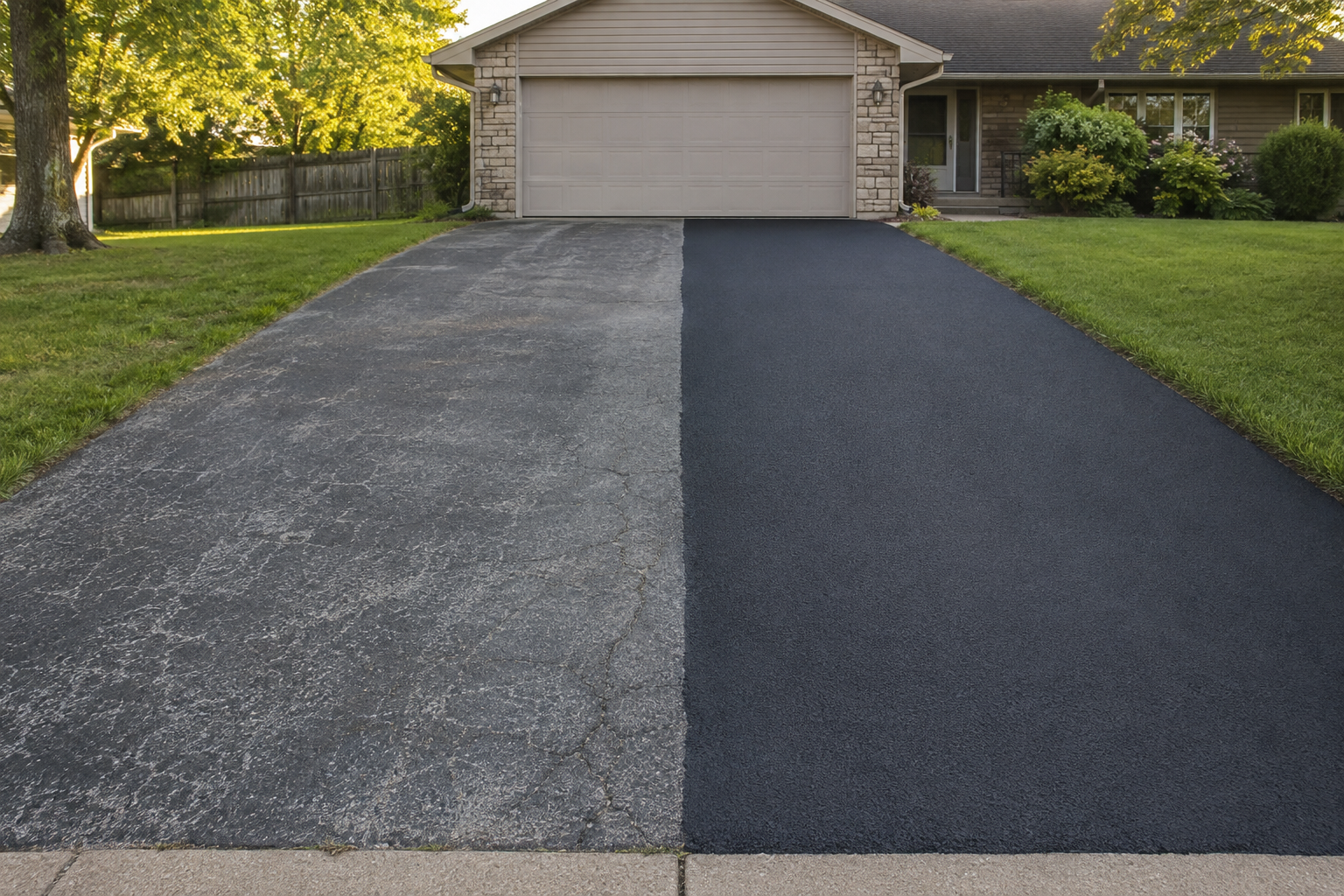 Before and after driveway sealcoating comparison of faded gray asphalt beside a freshly sealed black driveway in southwest Missouri