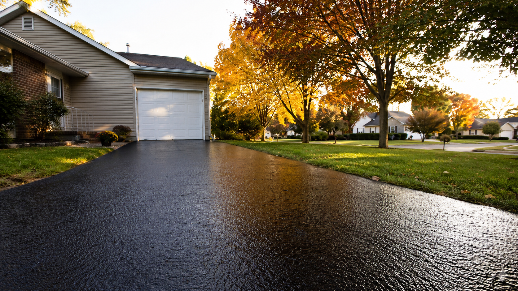 Freshly sealcoated glossy black asphalt driveway at a Springfield MO home showing when to sealcoat driveway in fall