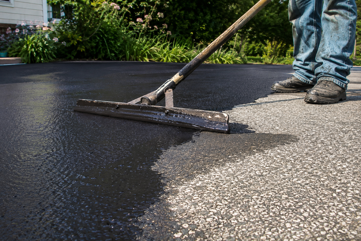 Close-up of a squeegee spreading black asphalt sealcoat across a residential driveway in Springfield Missouri