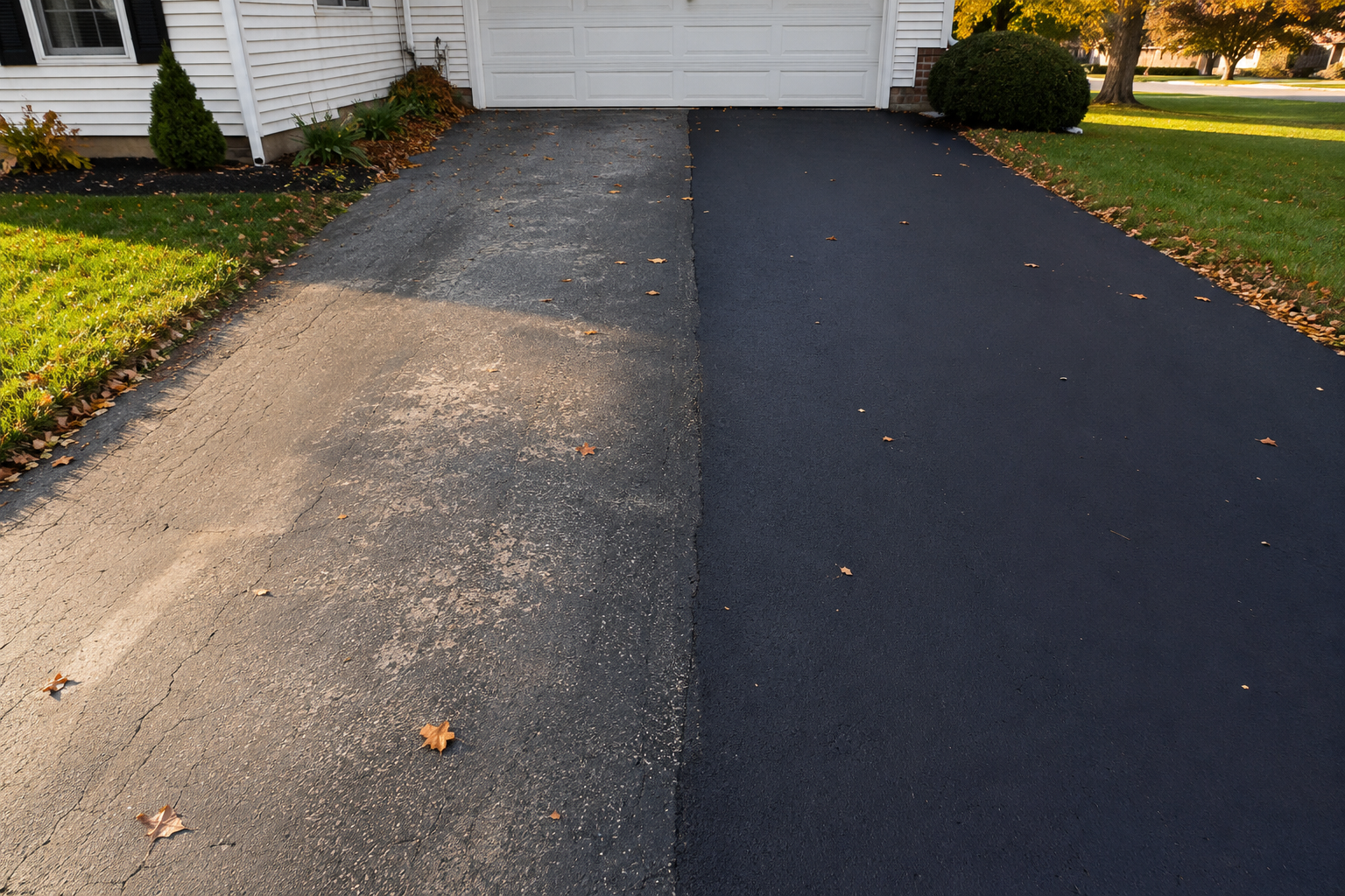 Before and after driveway sealcoating comparison of faded gray asphalt next to a freshly sealed black section in southwest Missouri