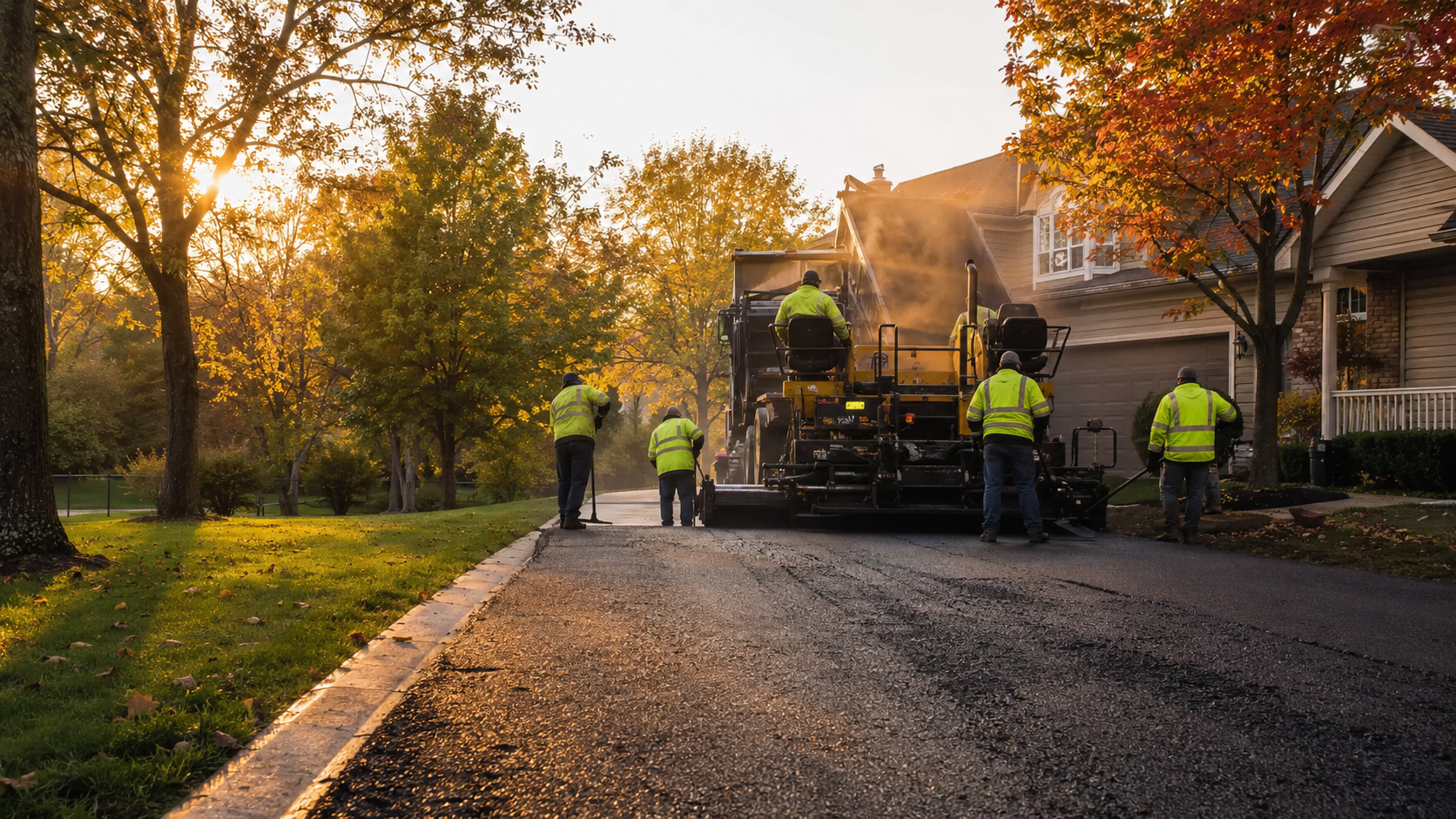 Asphalt paving crew laying a new driveway at a Springfield MO home during warm fall paving season at golden hour