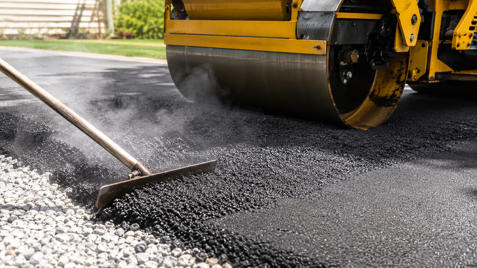Close-up of hot mix asphalt being spread and compacted with a steel drum roller on a Missouri residential driveway