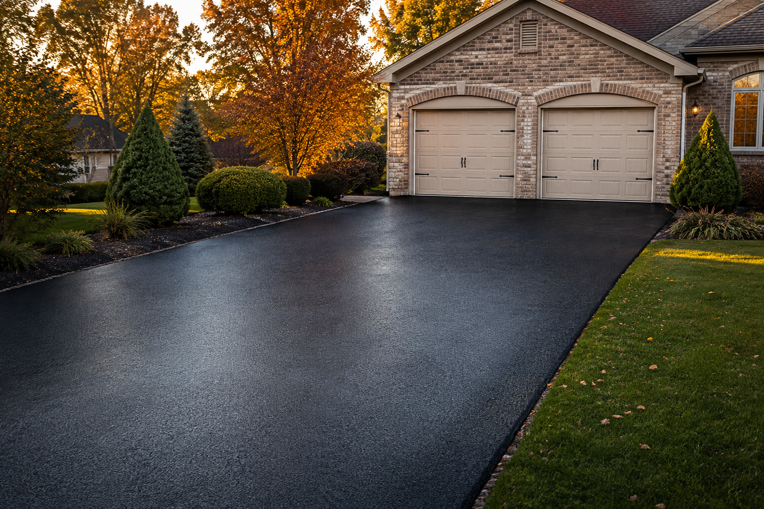 Freshly paved smooth black asphalt driveway with clean edges at a southwest Missouri home in autumn light