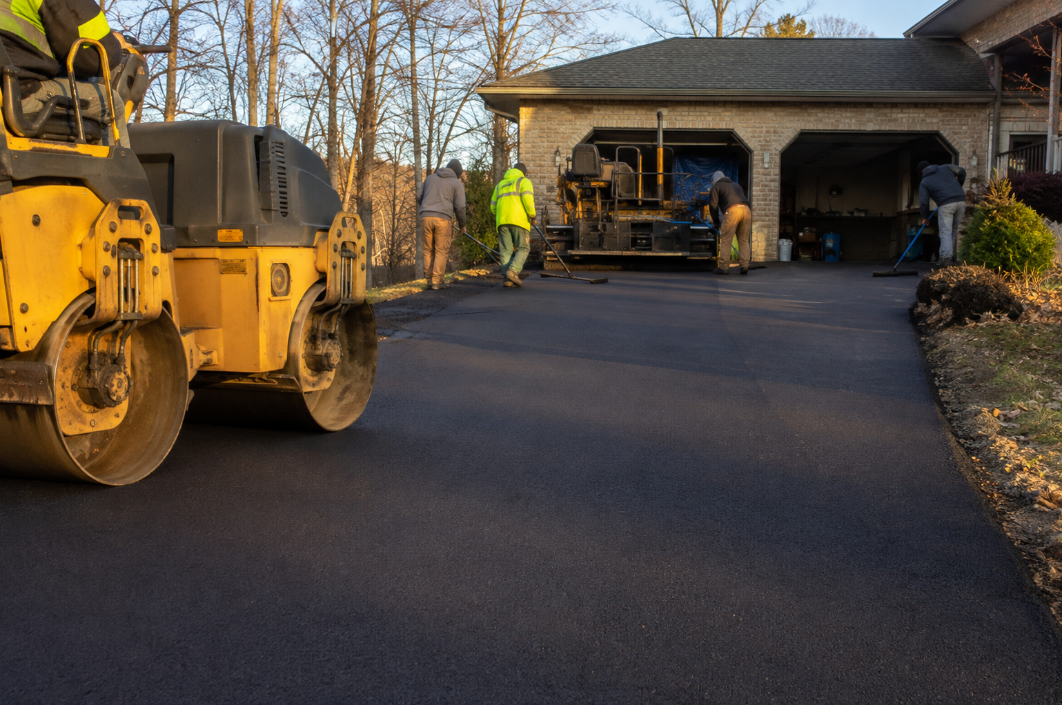 Asphalt paving crew and steel roller finishing a residential driveway before winter in Springfield MO