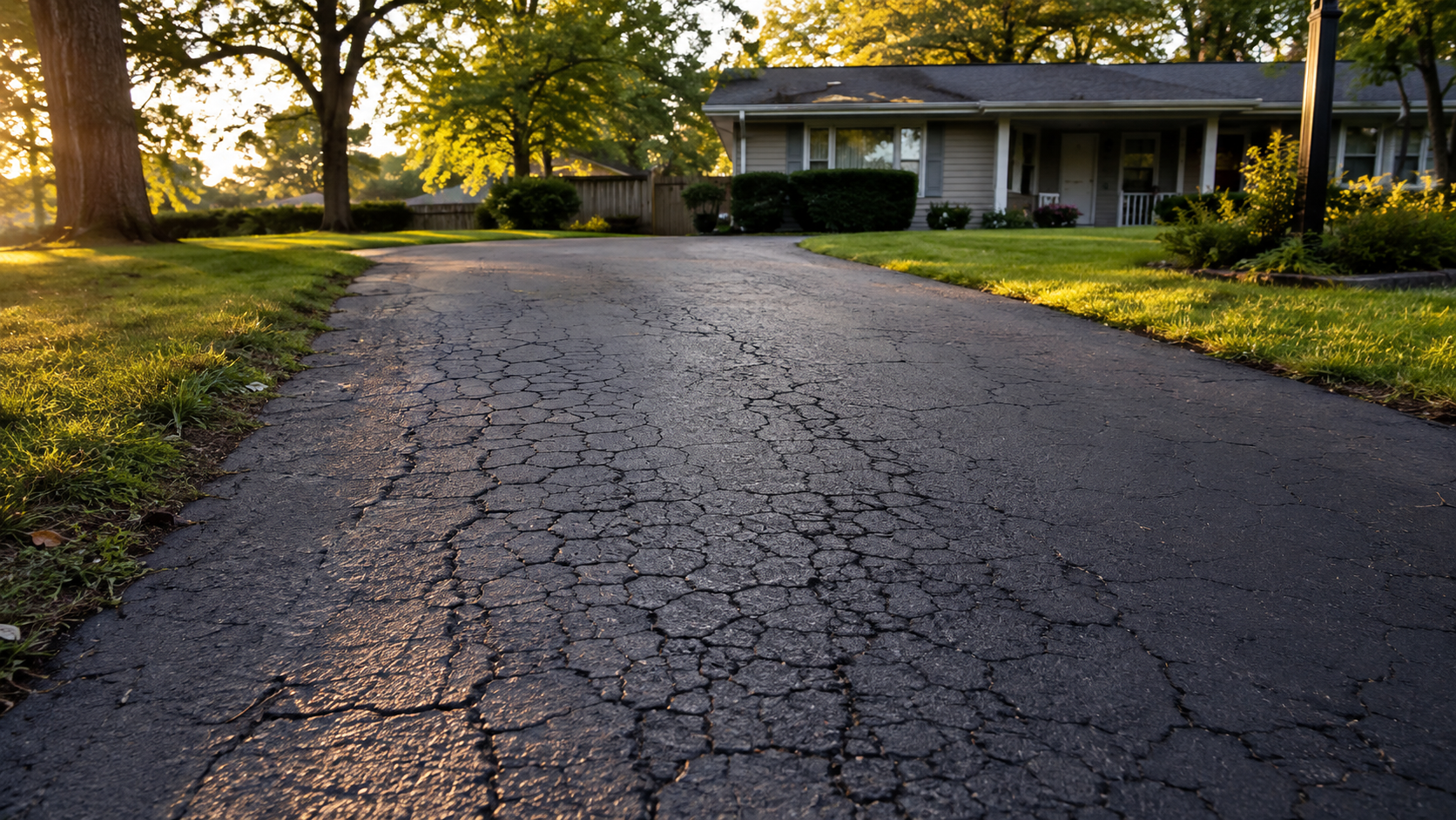 Cracked asphalt driveway with alligator cracking at a Springfield MO home showing why asphalt driveway cracks form