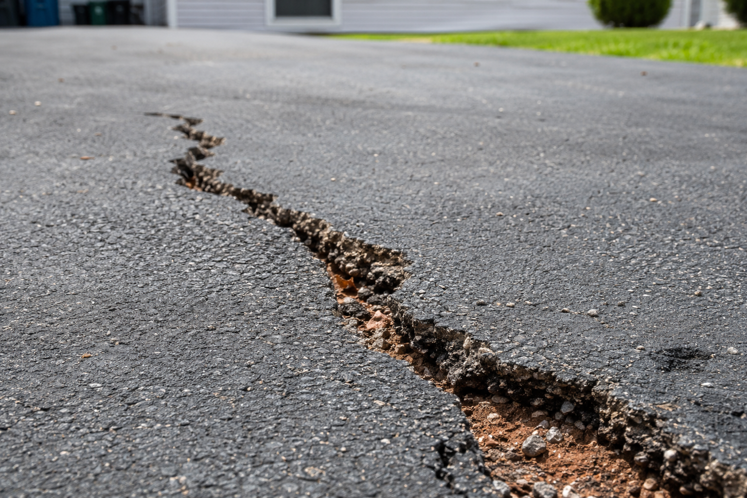 Close-up of a wide crack in an asphalt driveway over clay soil in southwest Missouri