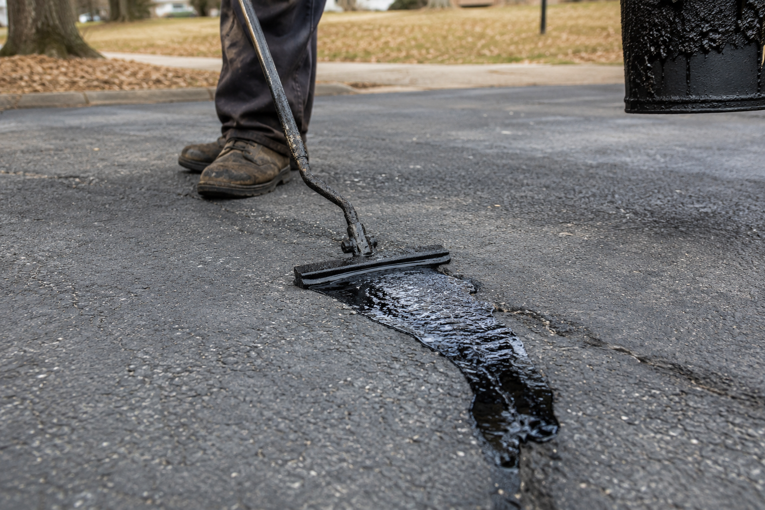Crew hot rubberized crack filling an asphalt driveway in Springfield MO before winter freeze-thaw