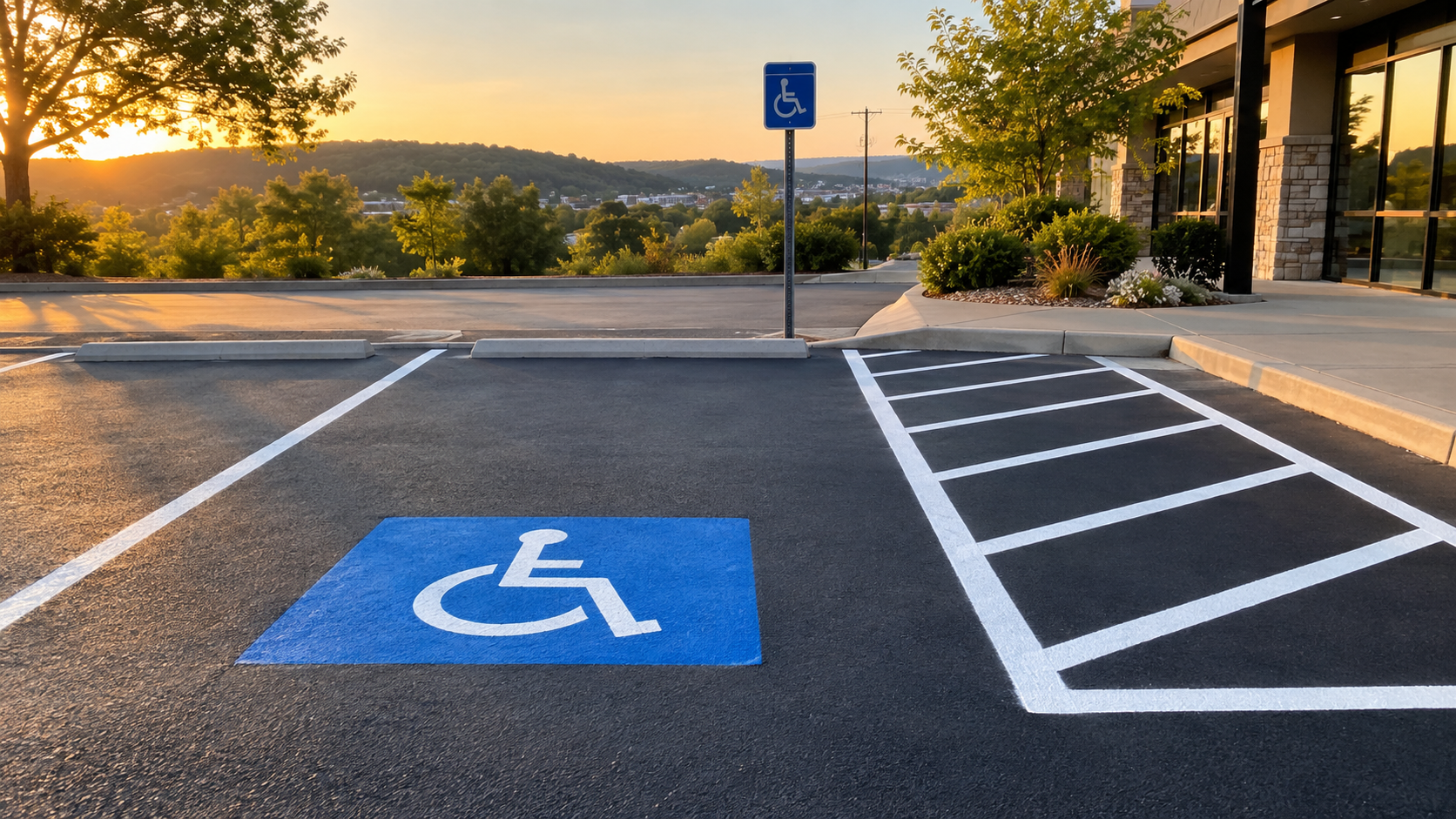 ADA accessible parking space with wheelchair symbol, striped access aisle and sign on a Springfield MO commercial lot
