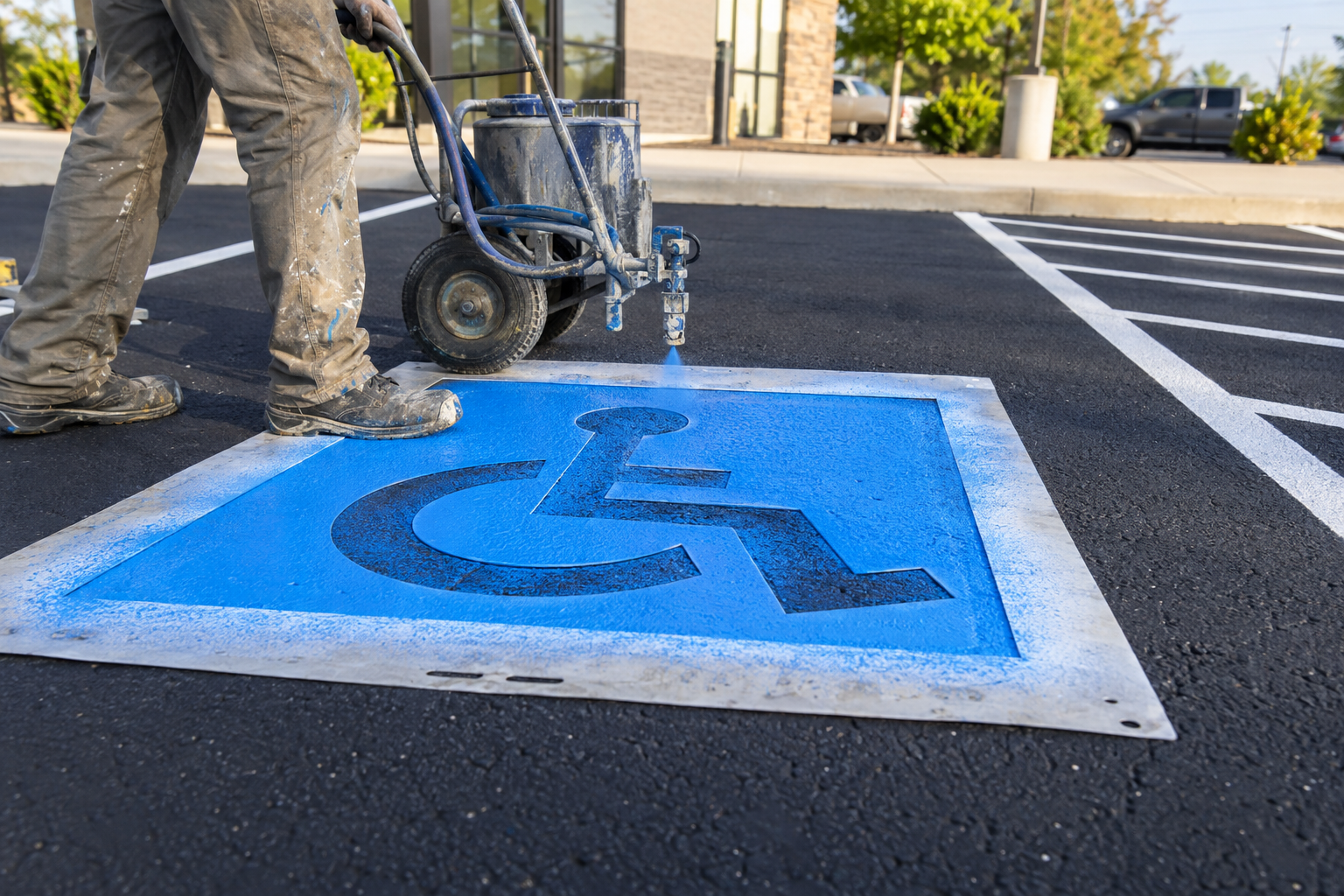striping crew painting a blue wheelchair accessibility symbol in an accessible parking stall on black asphalt