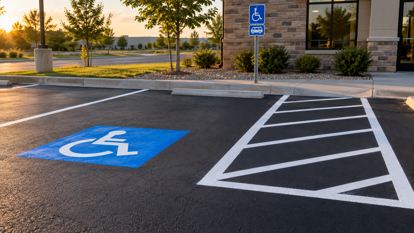 van accessible parking space with wide striped access aisle and van accessible sign in Springfield MO