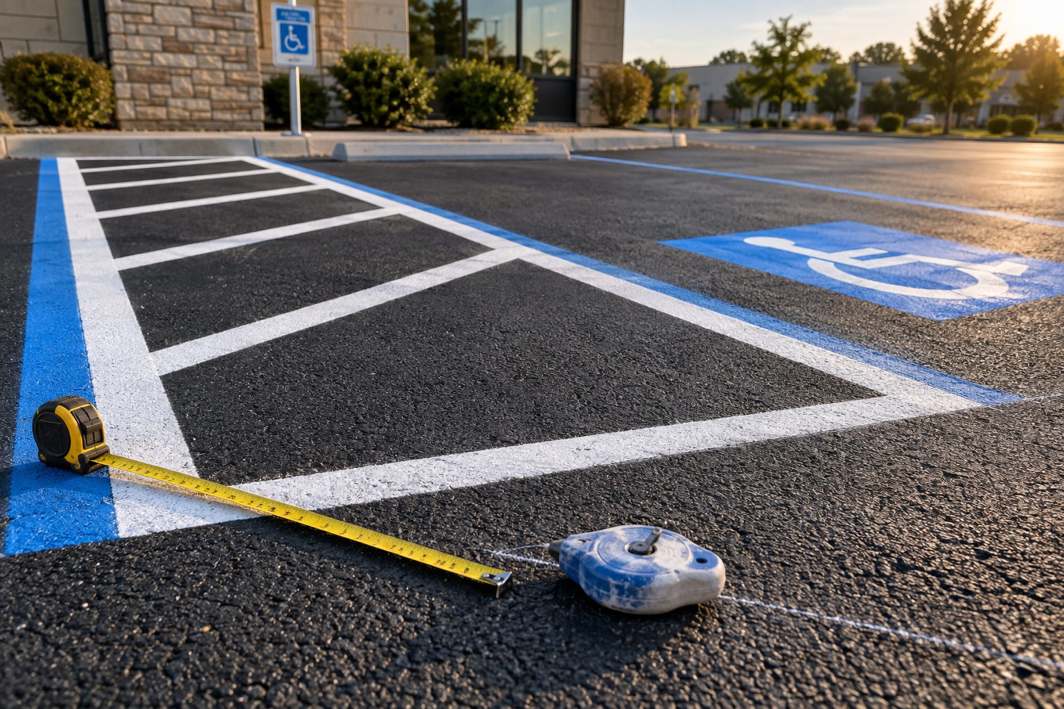 measuring the striped no-parking access aisle beside an ADA accessible parking space on fresh asphalt