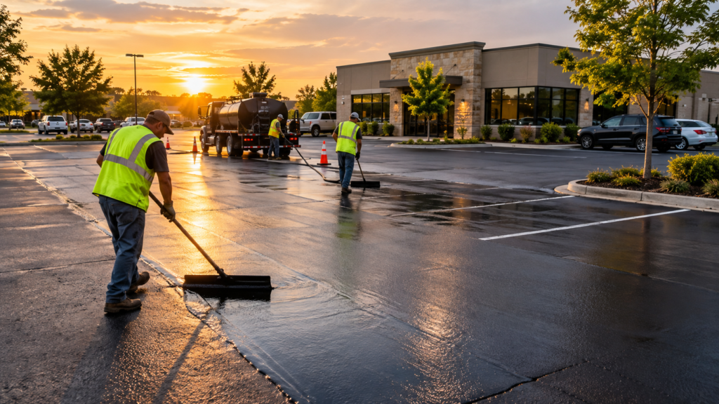 commercial parking lot maintenance crew sealcoating a business lot in Springfield MO