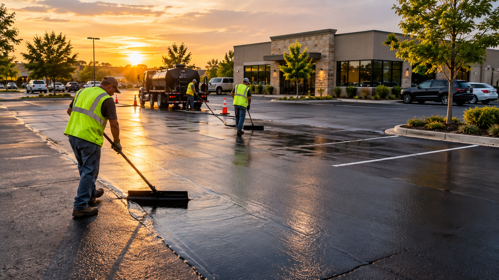 commercial parking lot maintenance crew sealcoating a business lot in Springfield MO
