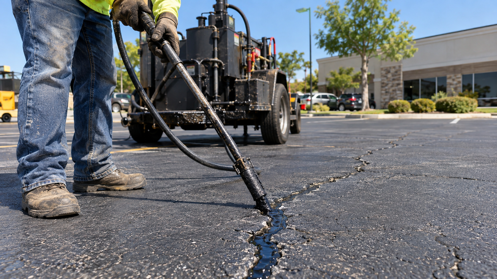 worker filling cracks with hot rubberized crack filler on a Springfield MO parking lot