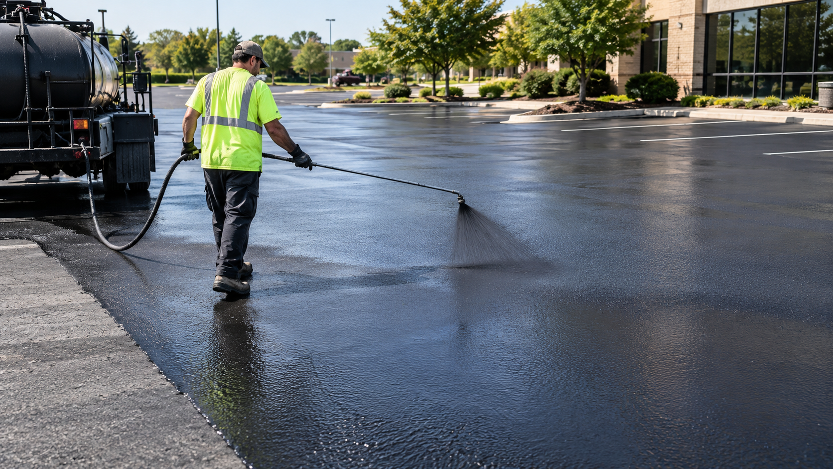 asphalt sealcoating spray applying fresh black sealer across a commercial lot in Springfield MO