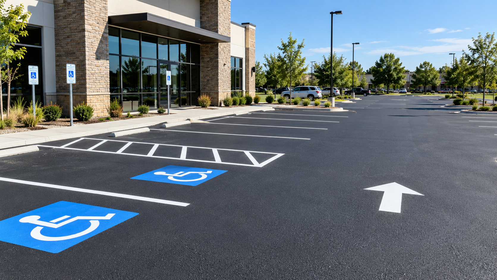 freshly striped commercial parking lot with sharp white lines and ADA stalls in Springfield MO