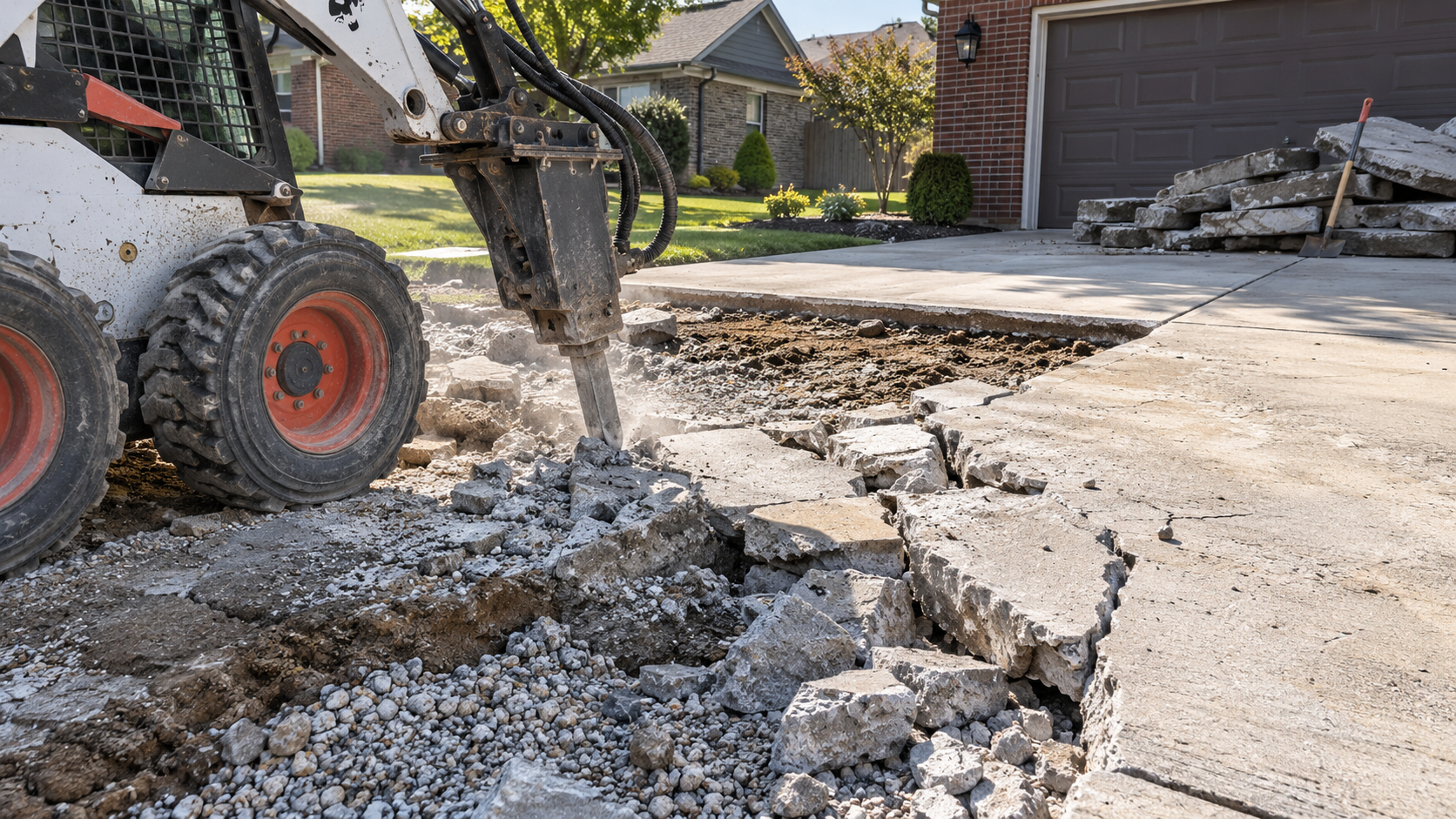 crew demolishing an old cracked concrete driveway slab before asphalt conversion