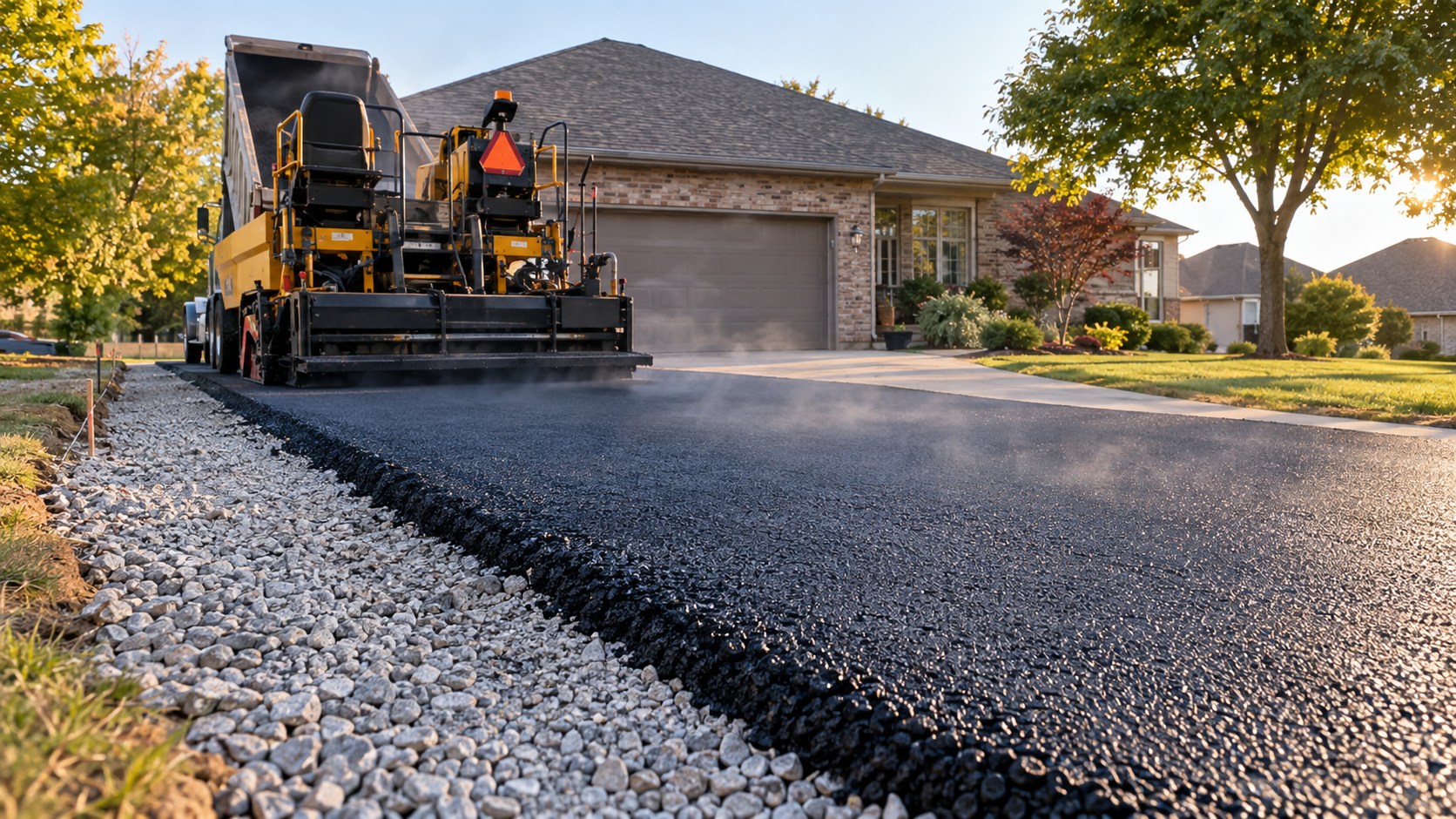 hot-mix asphalt being paved over a compacted base during a concrete to asphalt conversion
