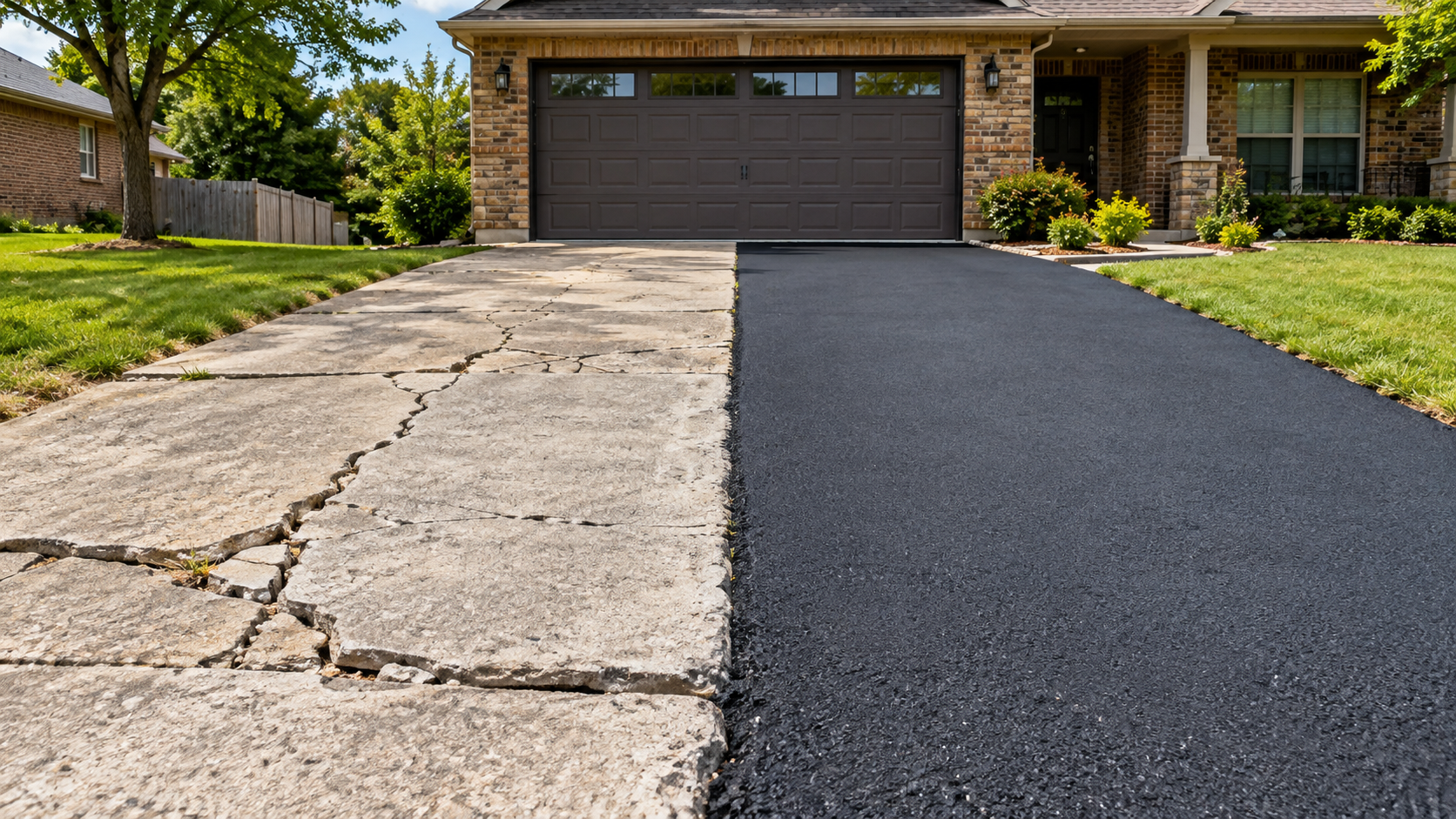 before and after of a concrete driveway converted to smooth new asphalt in Springfield MO