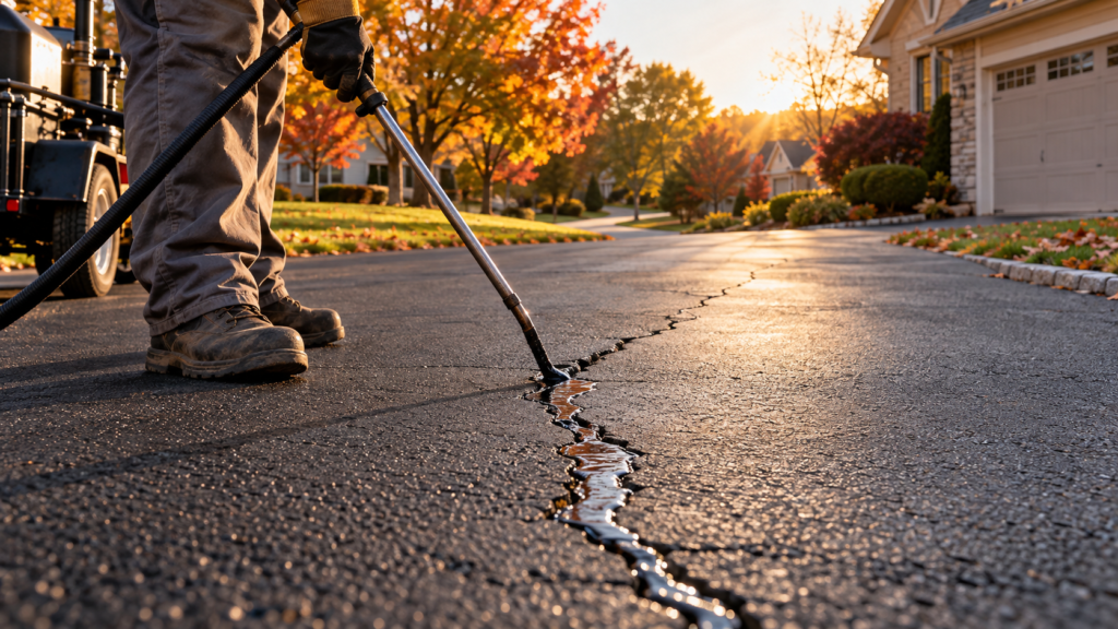 crew crack filling an asphalt driveway with hot rubberized filler in Springfield MO before winter