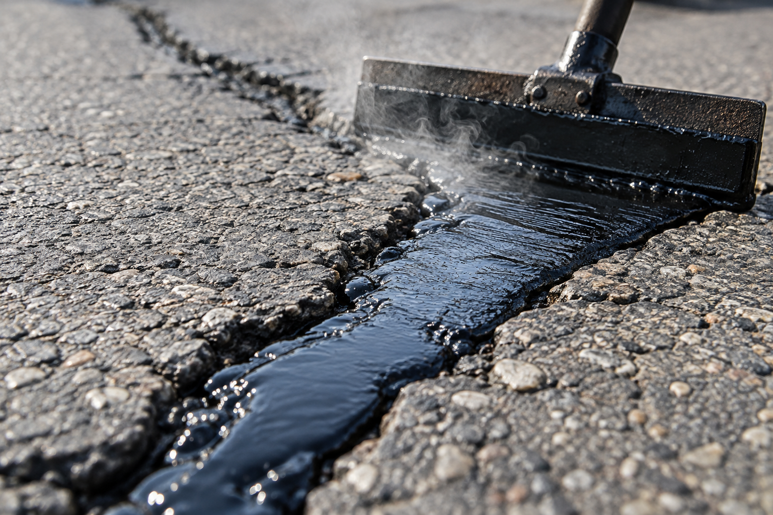 close-up of hot rubberized crack filler poured into an asphalt crack during driveway crack repair