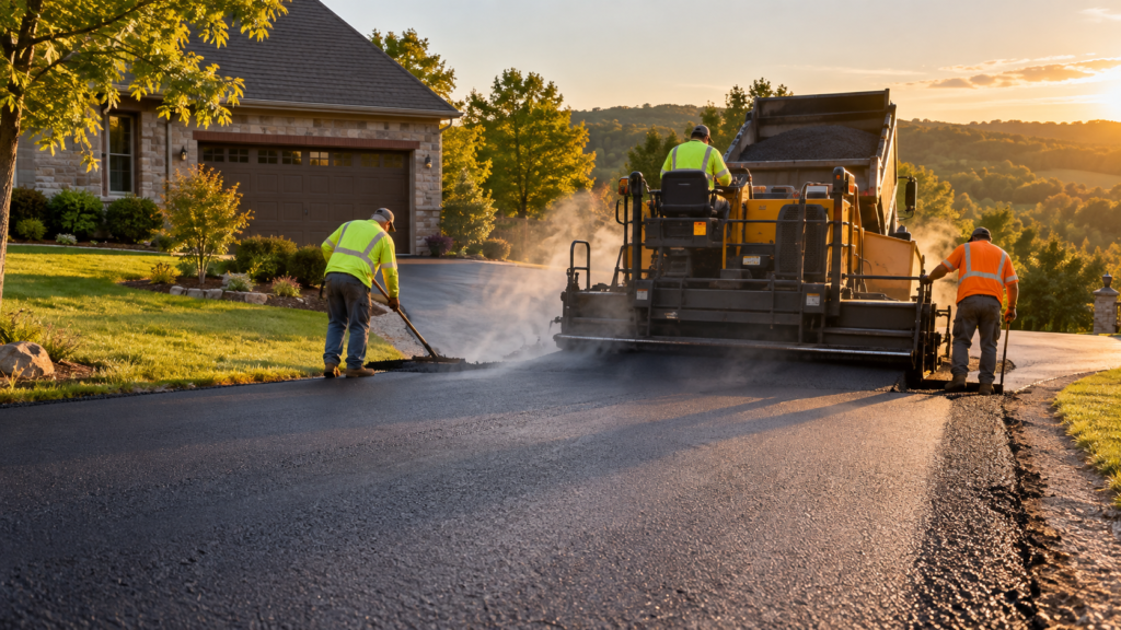 asphalt paving crew laying hot mix on a Springfield MO residential driveway