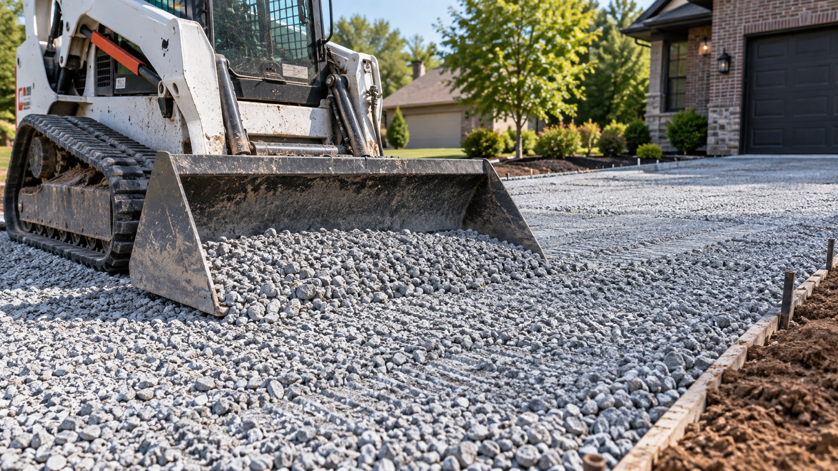 skid steer grading crushed aggregate base for a new asphalt driveway in Springfield MO