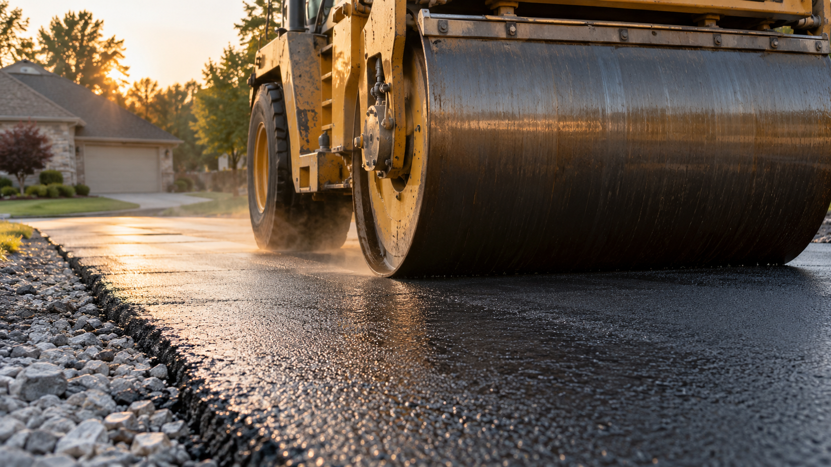 steel drum roller compacting fresh hot asphalt on a driveway paving job