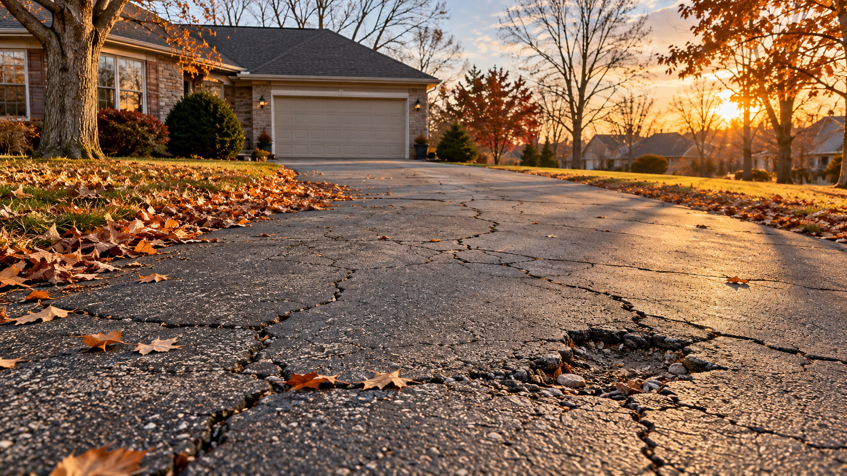cracked asphalt driveway showing freeze thaw asphalt damage in Springfield MO during late fall
