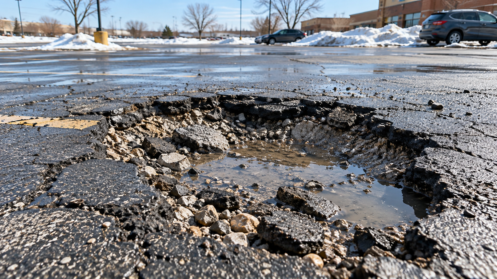 spring pothole in an asphalt parking lot caused by winter freeze-thaw damage in Missouri