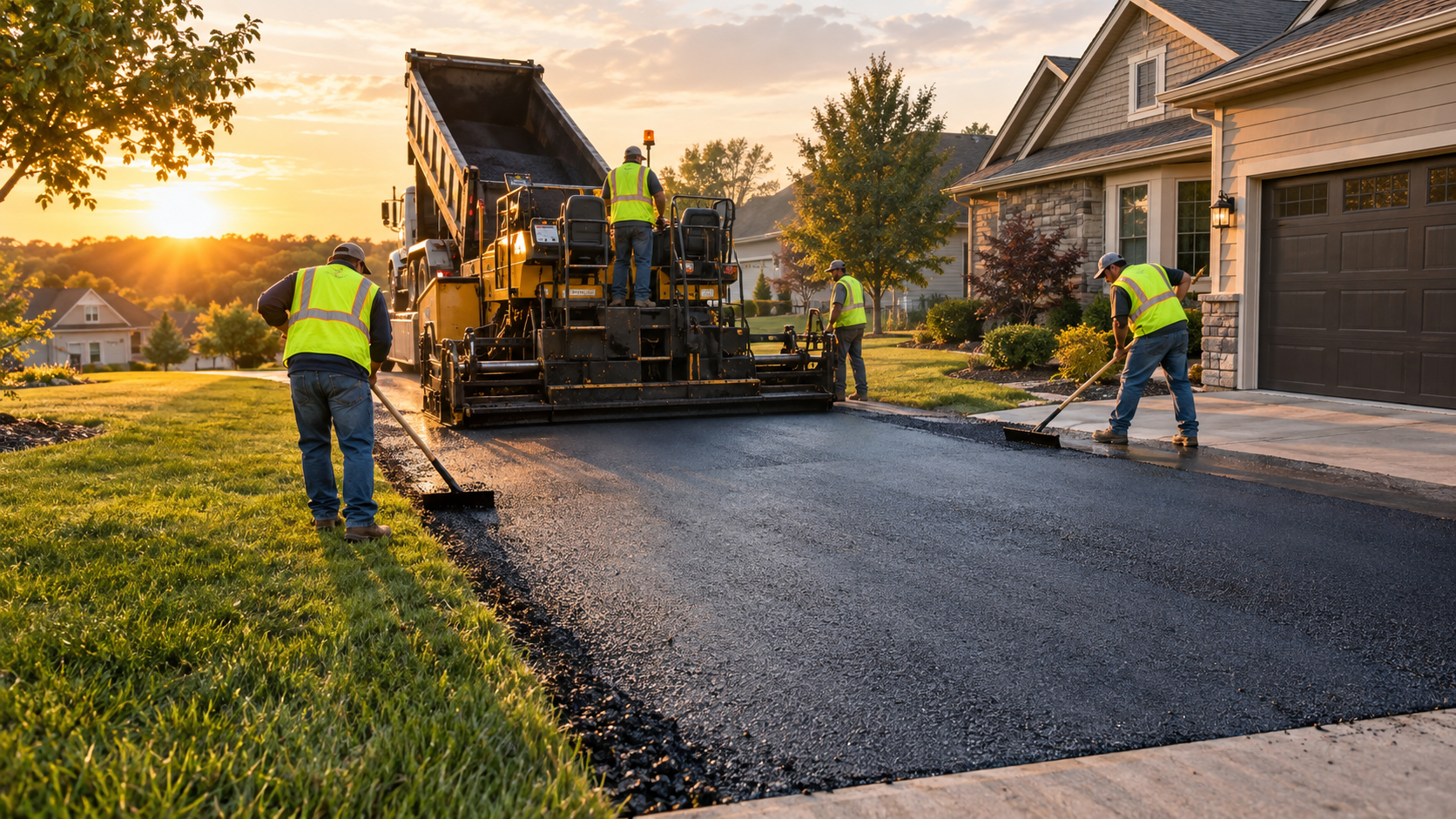 professional asphalt paving crew laying a new driveway in Springfield MO