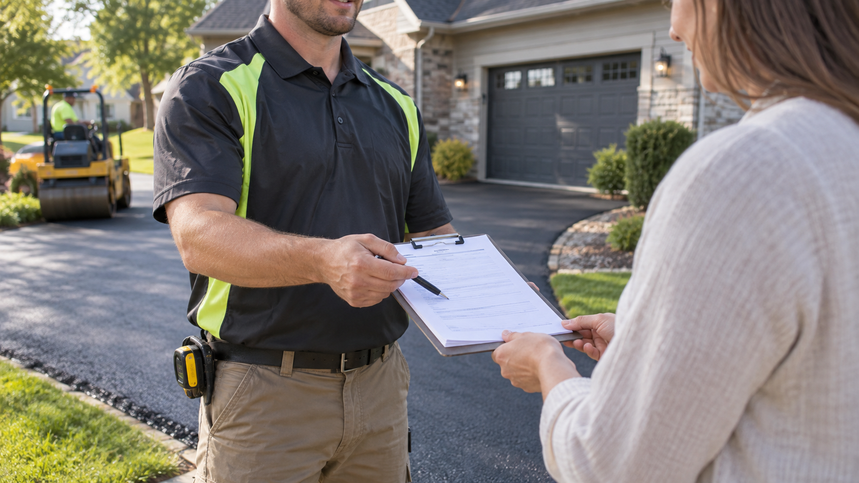 paving contractor reviewing a written estimate with a homeowner at a Springfield driveway