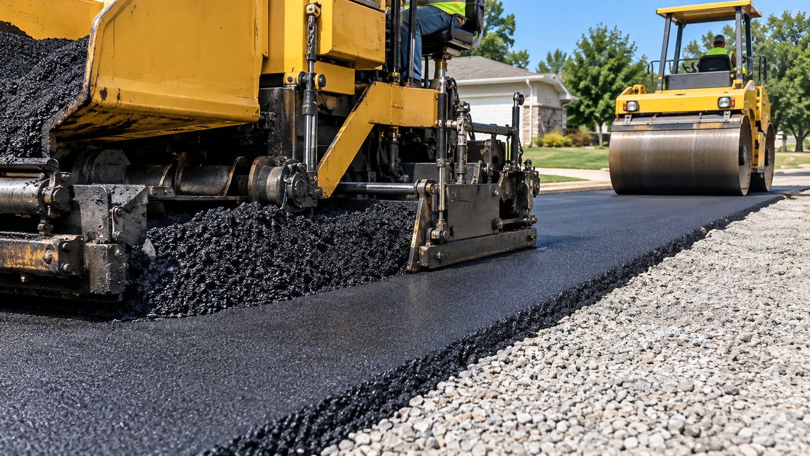 asphalt paver and roller compacting a fresh mat over a properly prepared base in Springfield MO