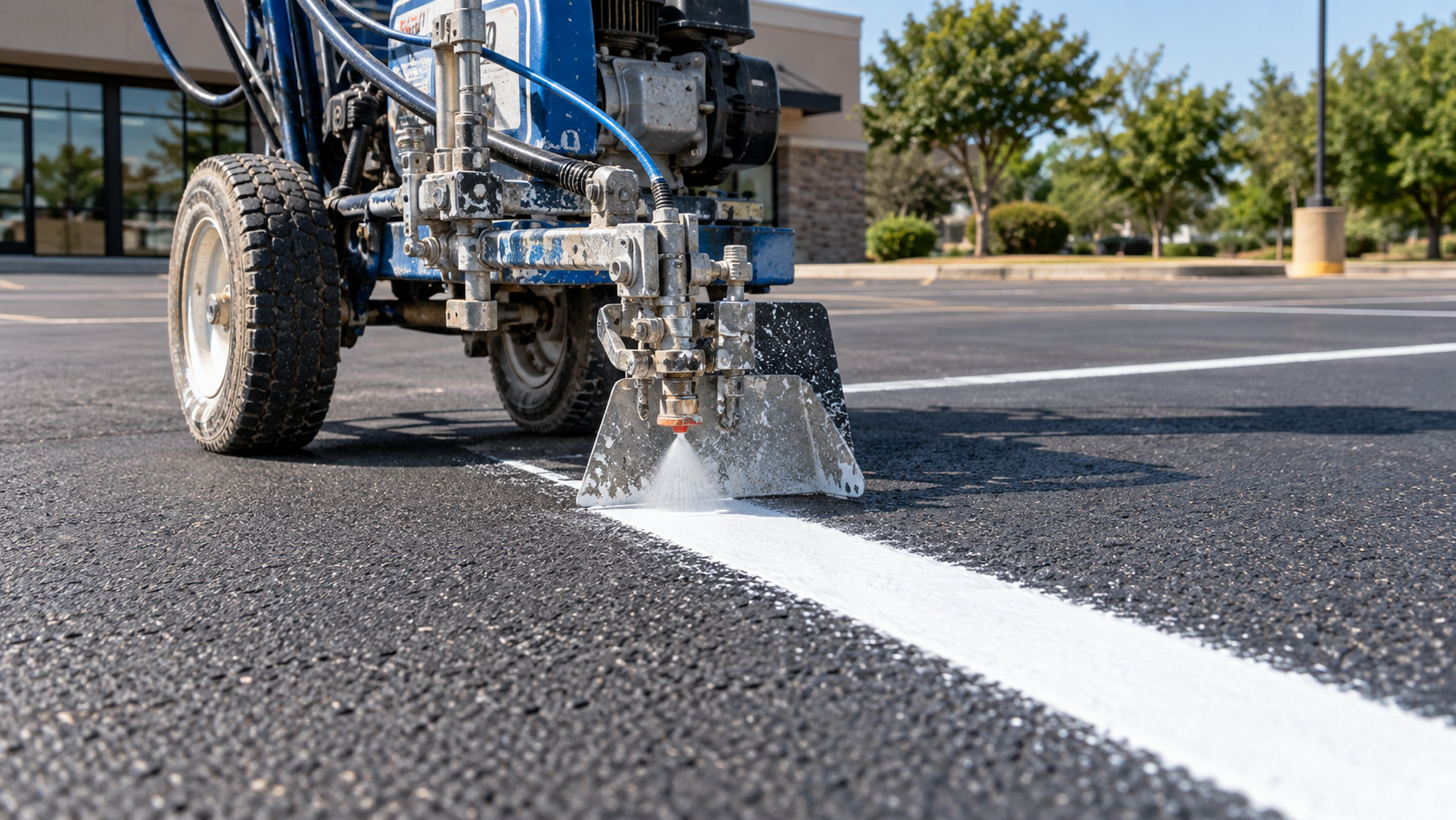 line striping machine painting a fresh white parking lot stall line on black asphalt