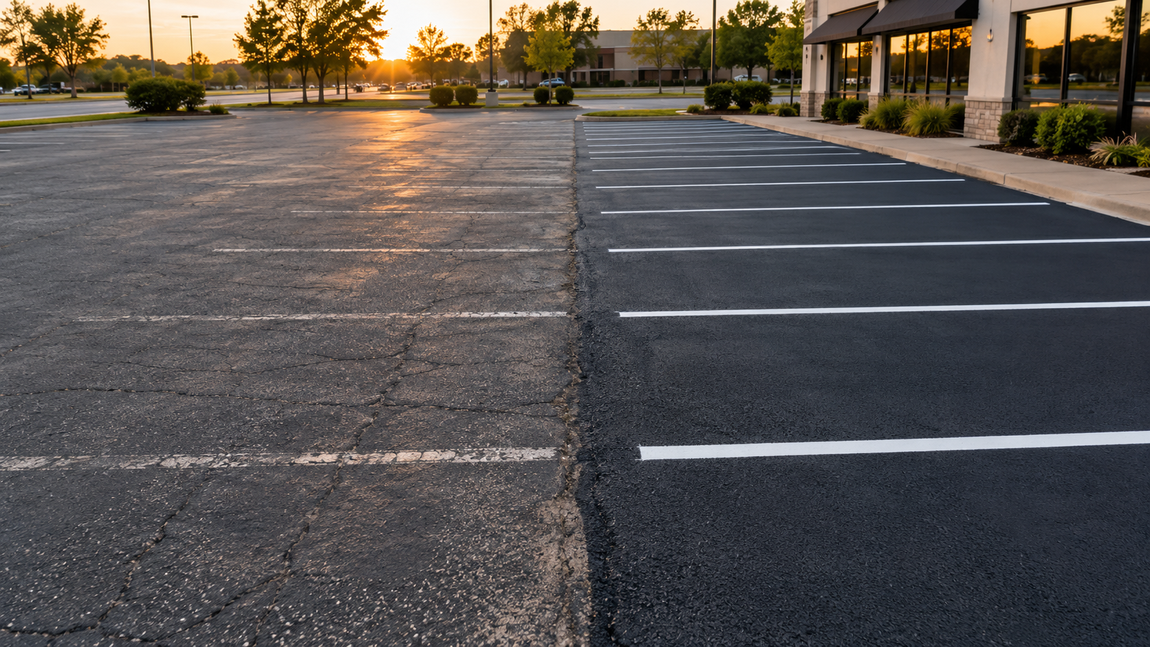 before and after parking lot restriping showing faded lines next to fresh bright striping in Springfield MO