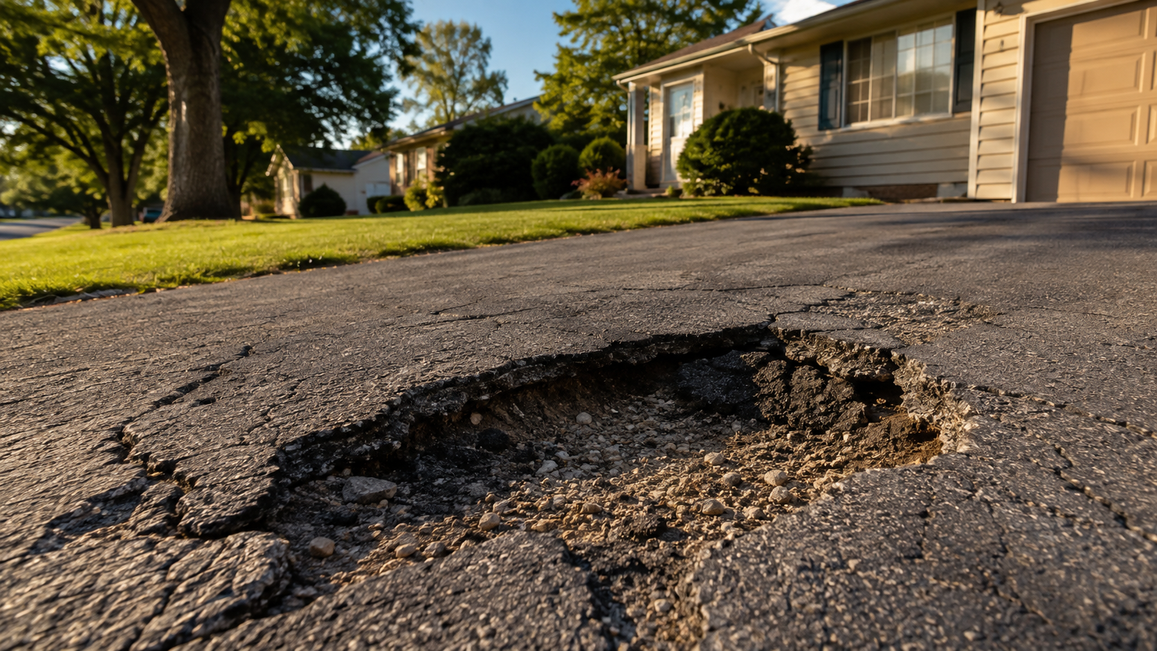 Deep pothole broken through an asphalt driveway with exposed gravel base needing pothole repair in Springfield MO