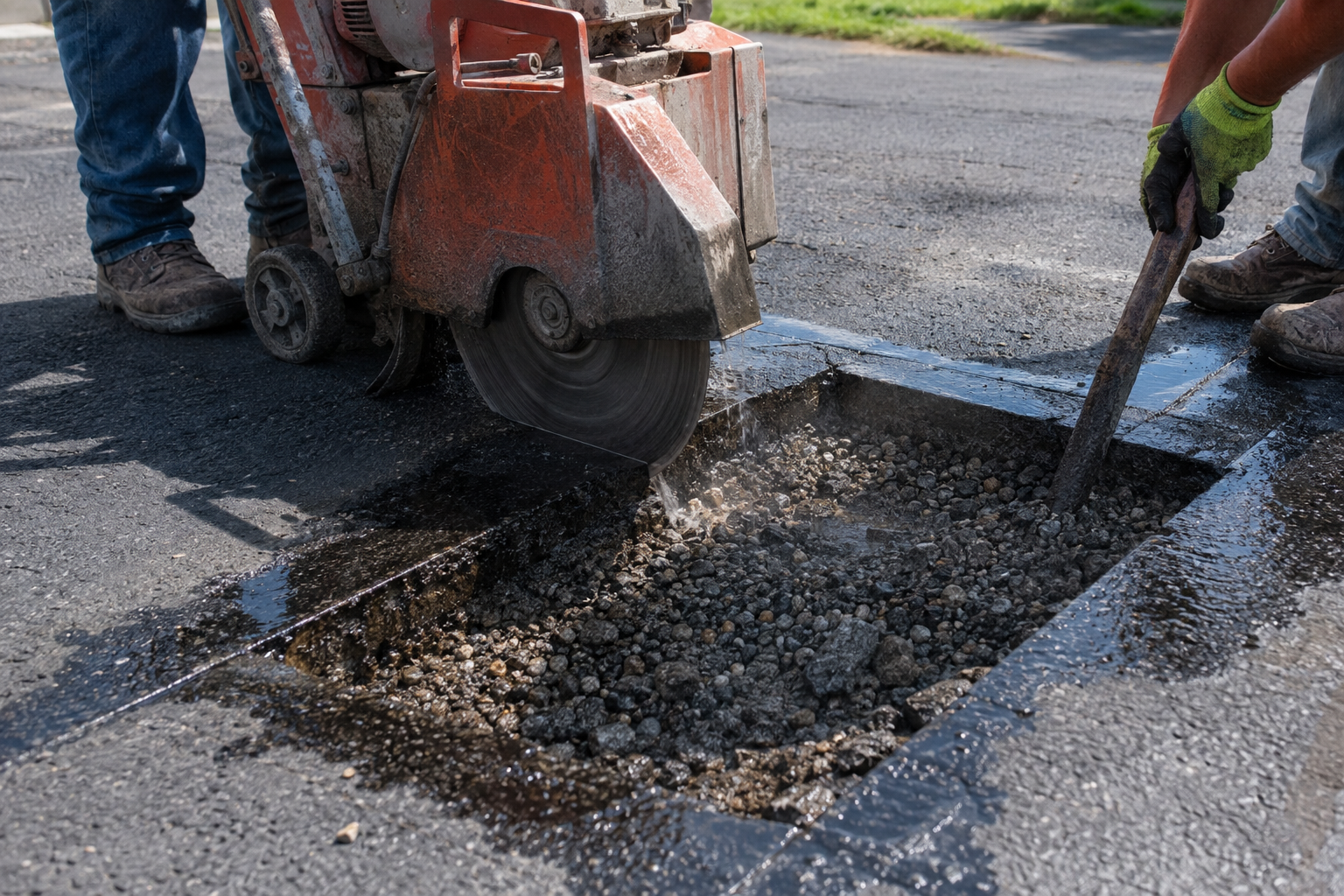 Crew making a square saw-cut around a pothole for a full-depth asphalt pothole repair on a Springfield Missouri driveway