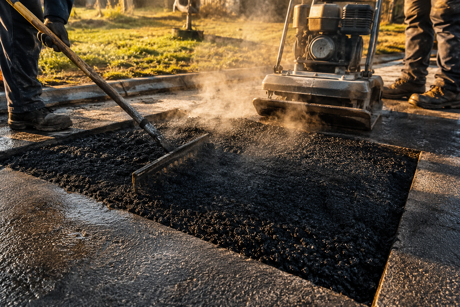 Fresh hot mix asphalt being raked into a saw-cut patch during a pothole repair in southwest Missouri