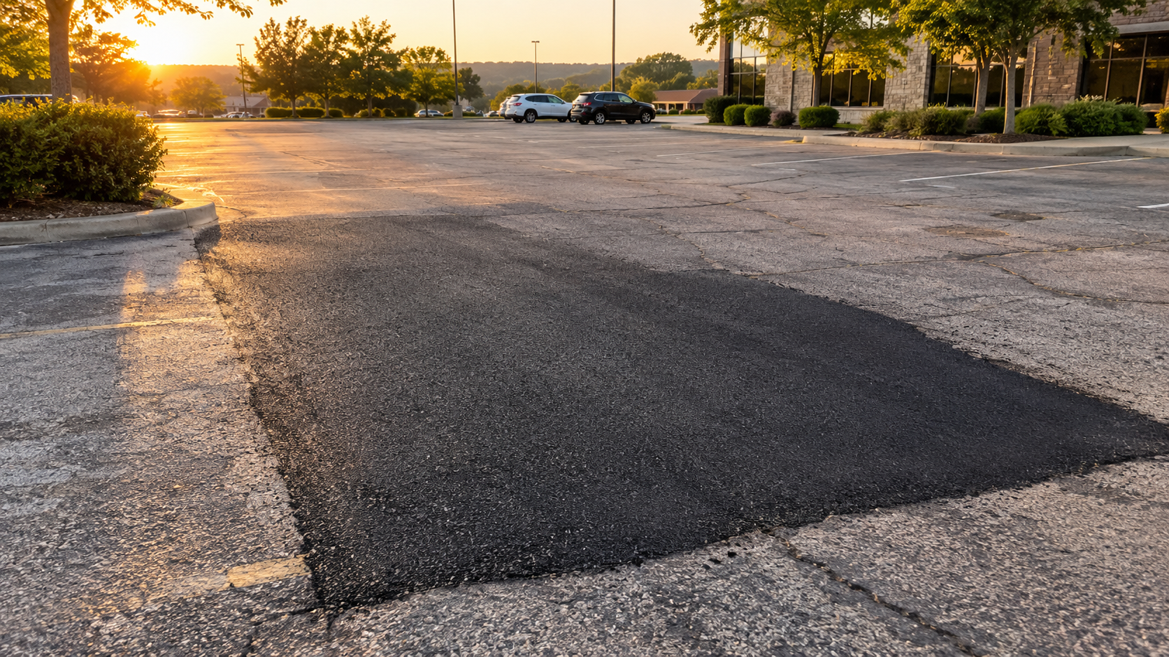 Finished smooth black asphalt patch blended into an older parking lot surface after professional pothole repair Springfield MO