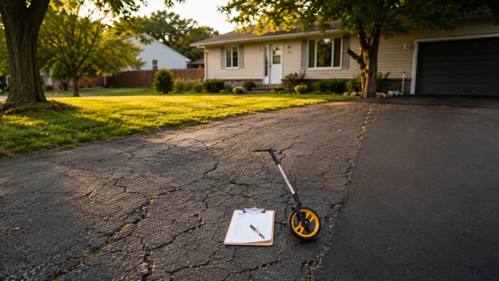 Weathered residential asphalt driveway in Springfield MO being evaluated for asphalt repair vs replacement