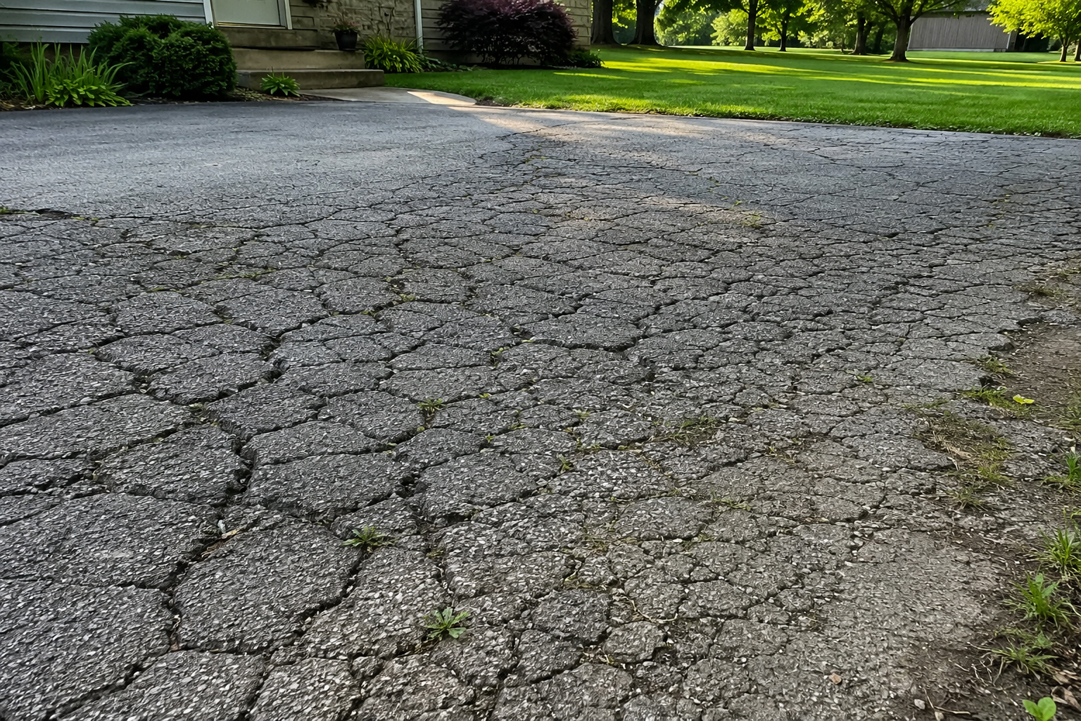 Close-up of alligator cracking on an old asphalt driveway signaling base failure and possible replacement in Springfield Missouri
