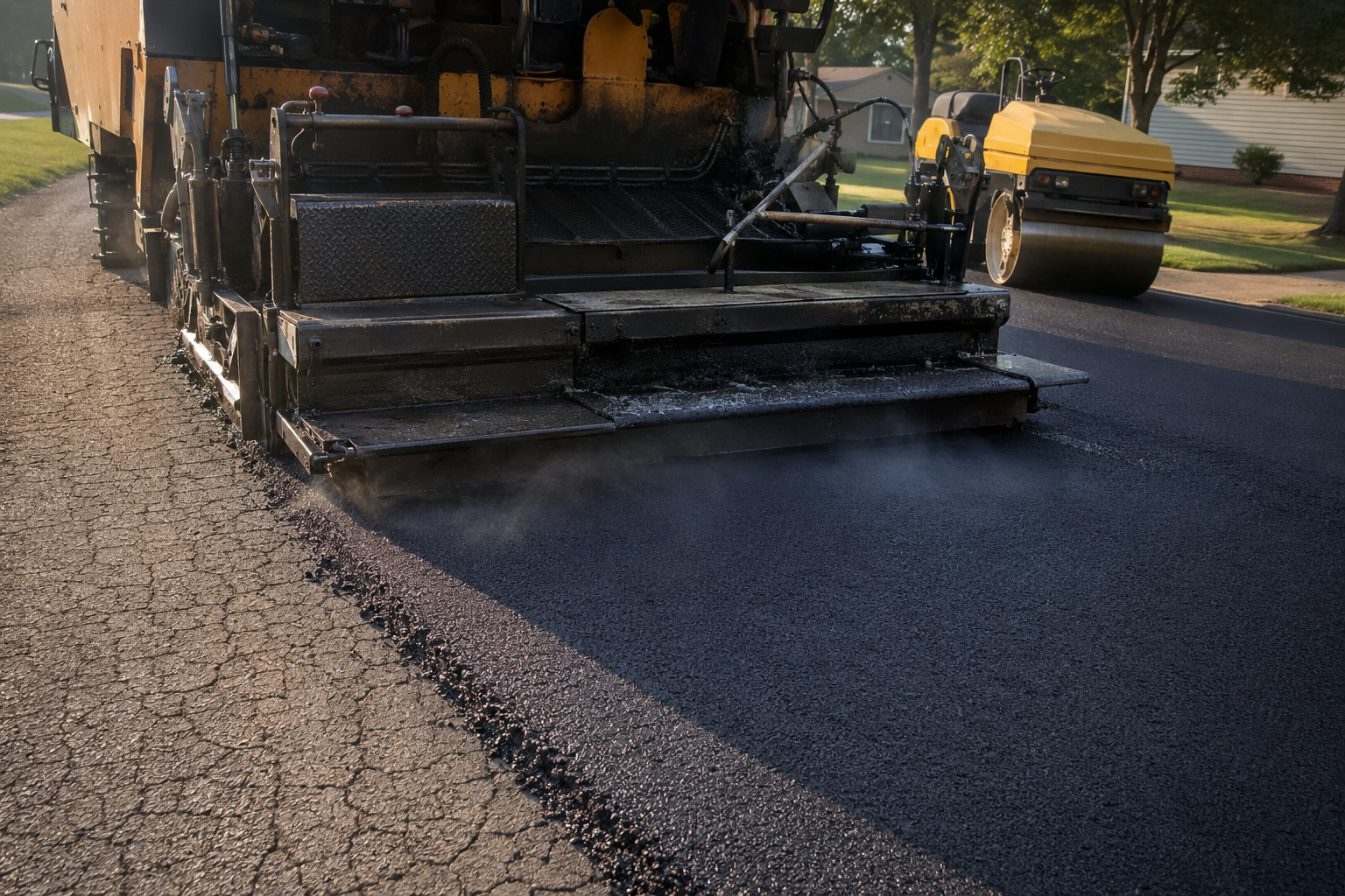 Paver laying a fresh hot mix asphalt overlay over an existing driveway surface during resurfacing in southwest Missouri