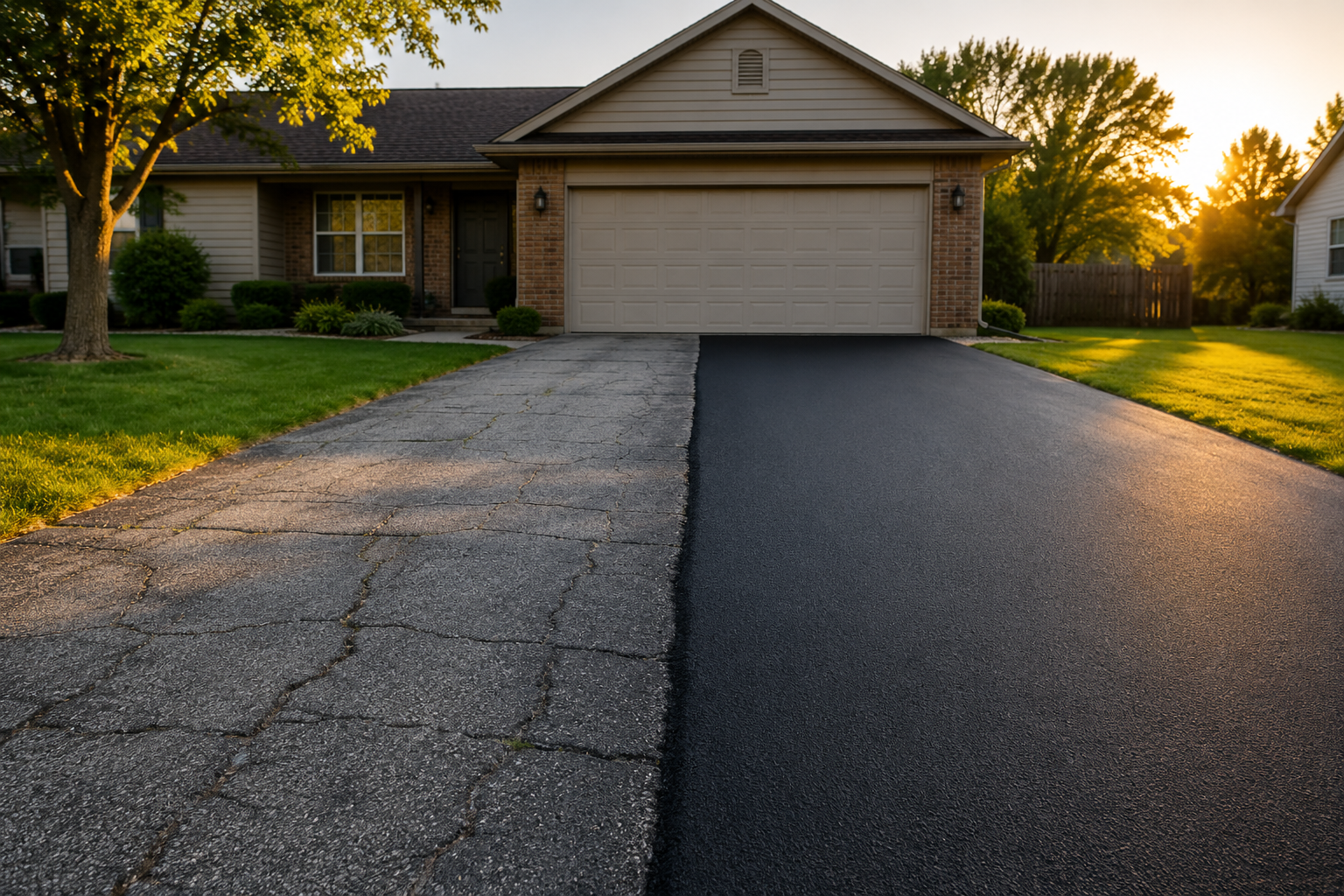 Before and after contrast of cracked gray asphalt beside a fresh black asphalt surface after repair and resurfacing in Springfield MO